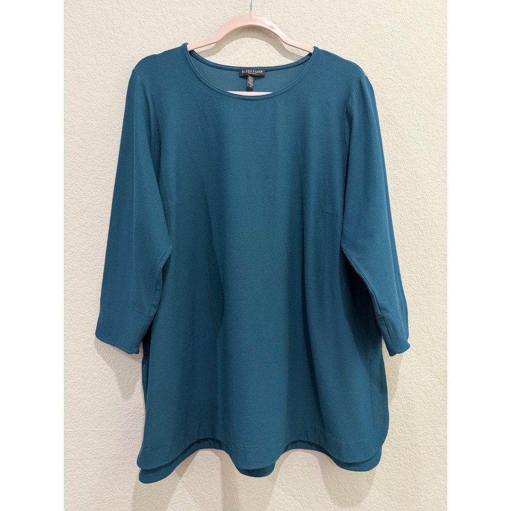 Eileen Fisher Stretch Crepe Tunic Top Teal Blue 1X 3/4 Sleeve Travel Relaxed Fit